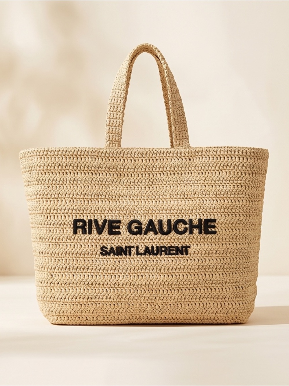 BNWT Saint Laurent Straw Rive Gauche Tote in Natural Beige with Black Logo - Picture 2 of 6